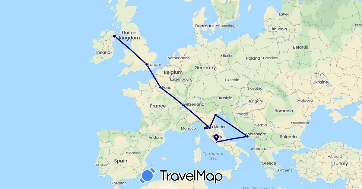 TravelMap itinerary: driving in France, United Kingdom, Croatia, Italy (Europe)
